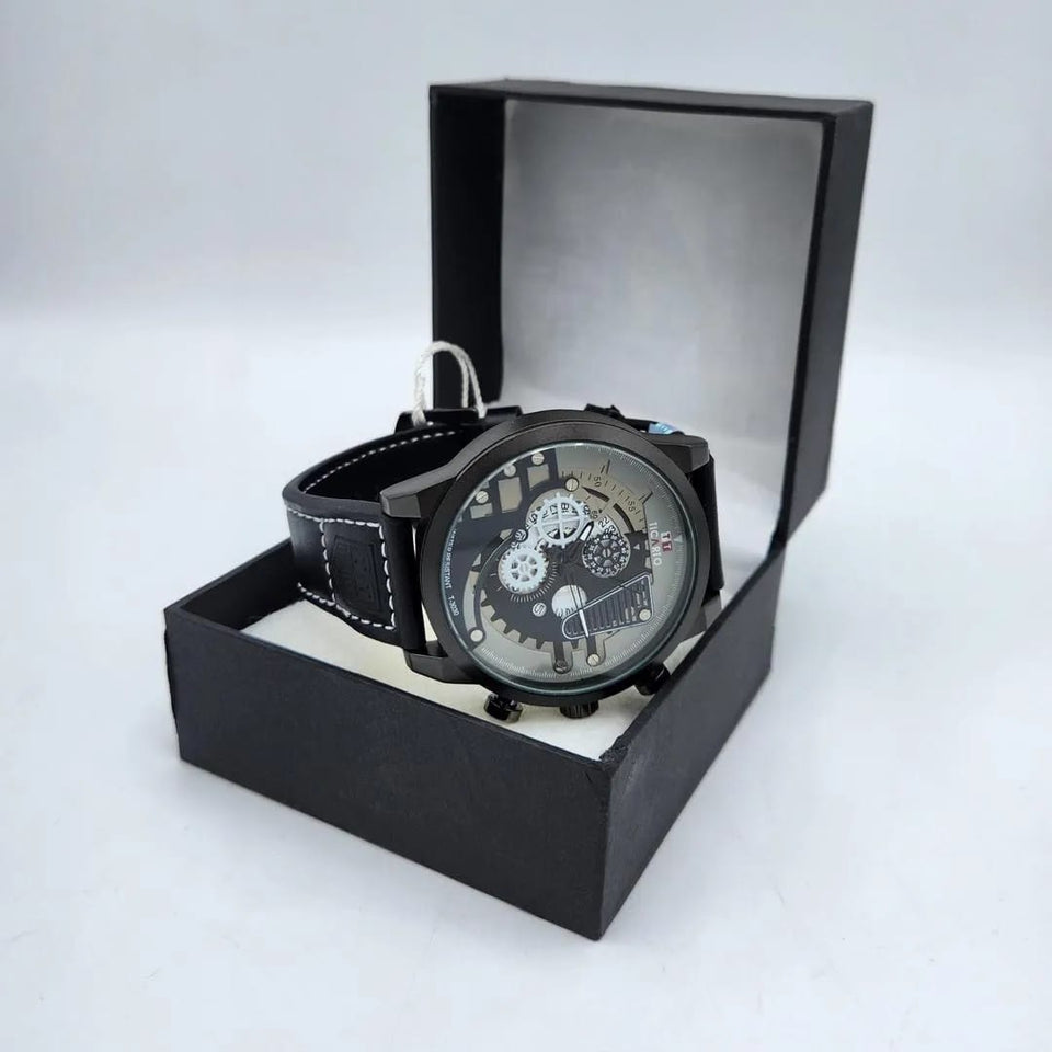 men's Skeleton watch matte black leather strep