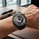men's Skeleton watch matte black leather strep