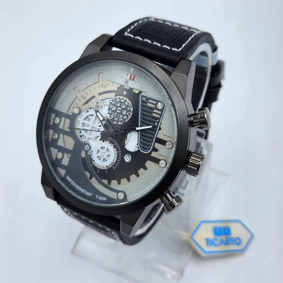 men's Skeleton watch matte black leather strep