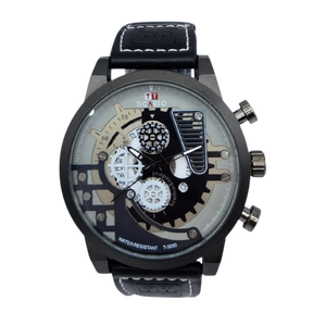 men's Skeleton watch matte black leather strep