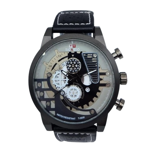 men's Skeleton watch matte black leather strep